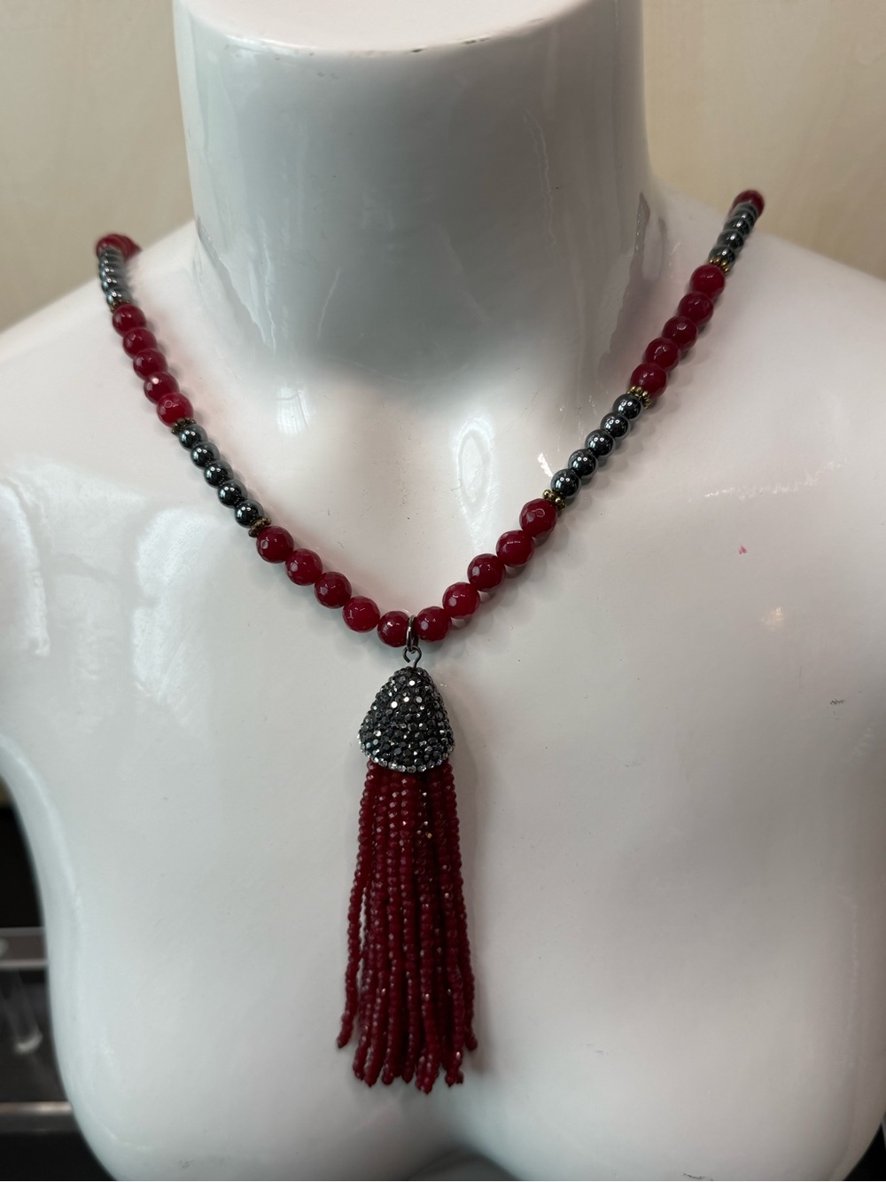 Natural Ruby Beads And Hematite Necklace With Glass Bead Tassel. 30 In